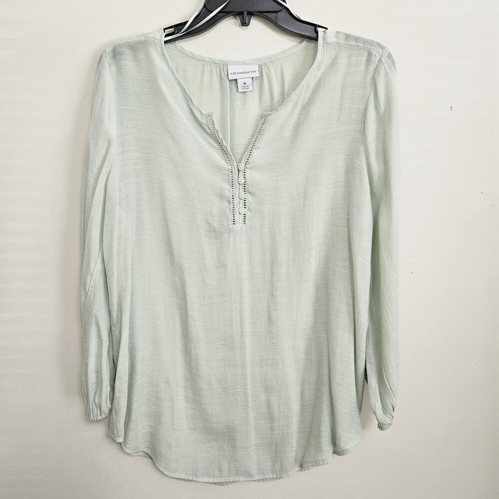 Liz Claiborne Cool Mint Green Tunic Blouse Shirt Semi Sheer Long Sleeve Sz M